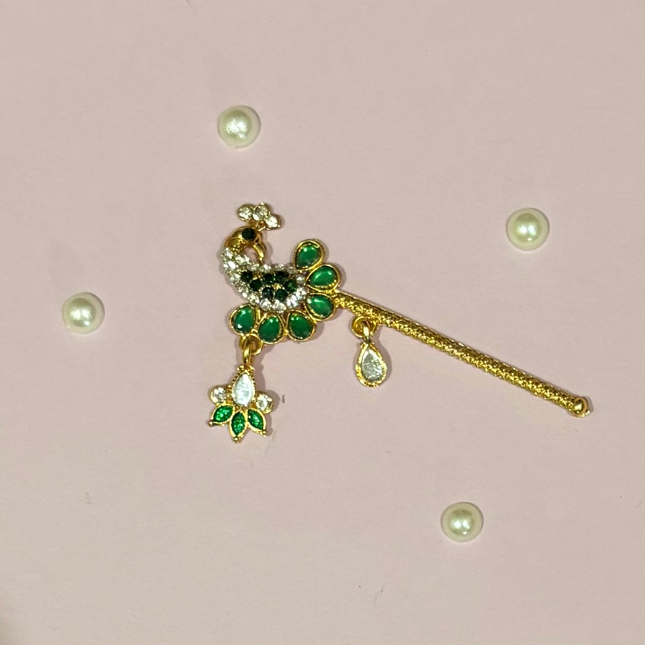 Dark green Bansuri, a miniature gold-tone decorative flute to adorn deity idols like Laddu Gopal and Krishna for shringar and decoration