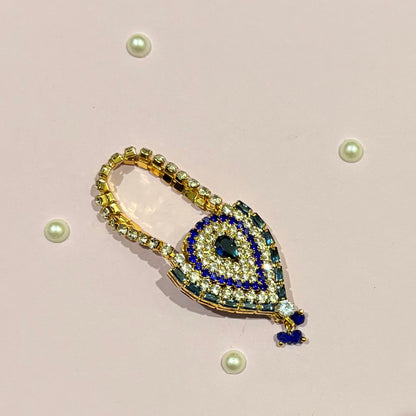 Dark blue AD Drop Shaped Purse, a miniature stone-studded teardrop purse to decorate deity idols such as Thakur Ji and Radha Rani