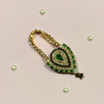 Green AD Drop Shaped Purse, a miniature American Diamond teardrop purse for deity idol shringar and festive decoration