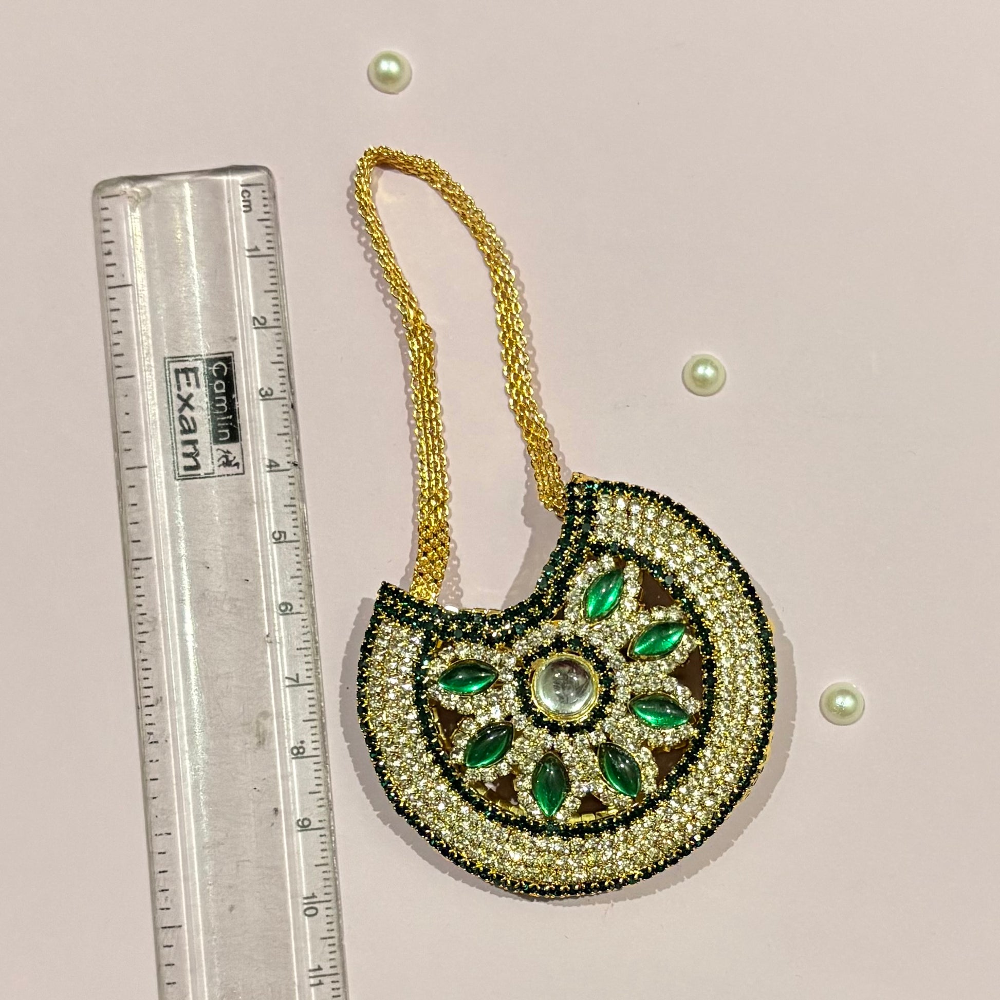 AD Moon Shaped Purse (Big) for deity shringar, a crescent stone-studded purse available in red, dark blue, pink, sky blue, green and orange