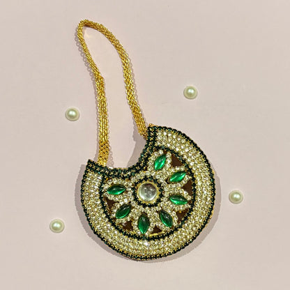 Green AD Moon Shaped Purse (Big), an American Diamond crescent purse for deity idol shringar and festive decoration
