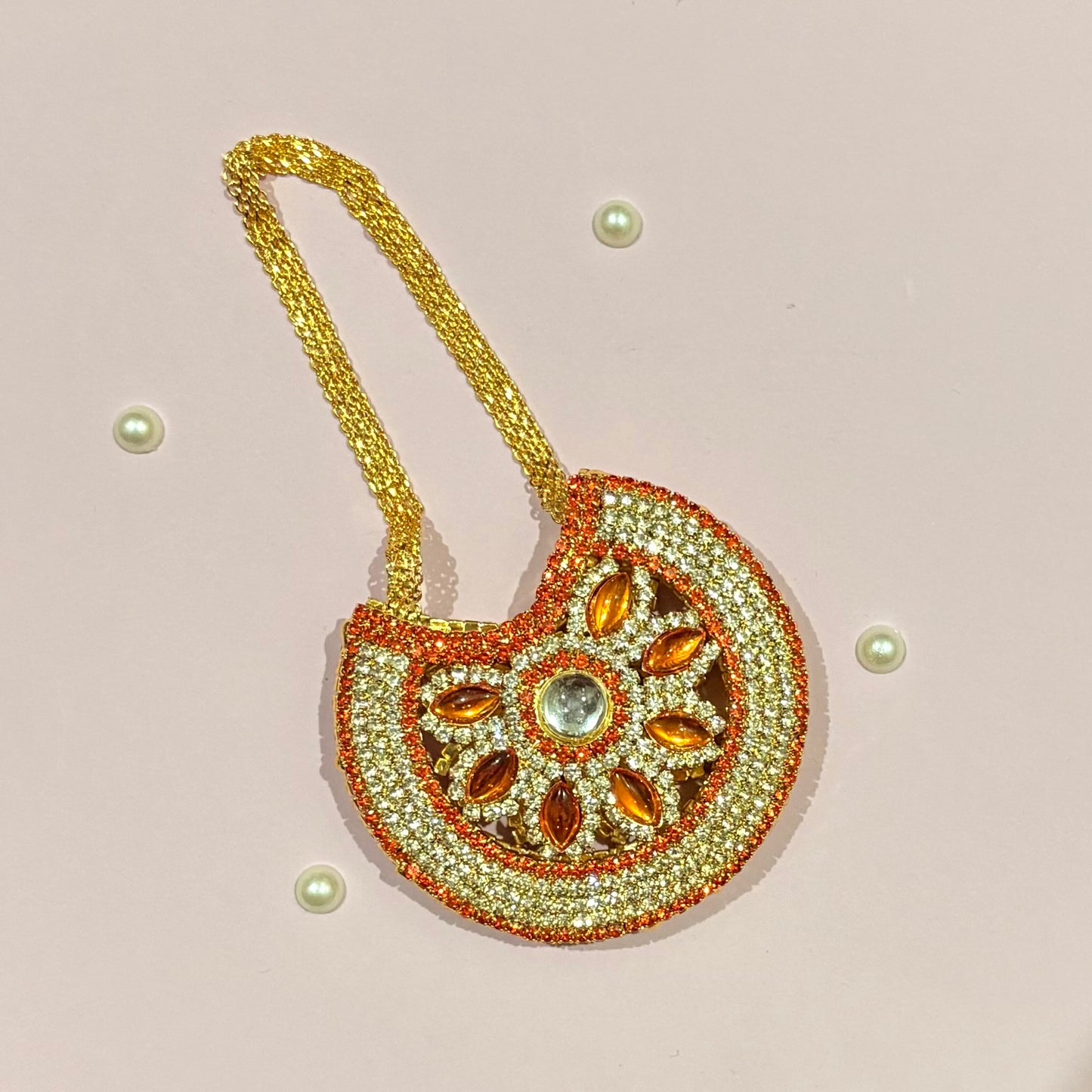 Orange AD Moon Shaped Purse (Big), a gold-tone American Diamond crescent purse for deity shringar and idol decoration