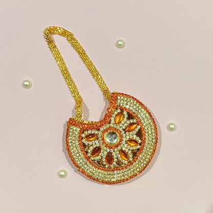 Orange AD Moon Shaped Purse (Big), a gold-tone American Diamond crescent purse for deity shringar and idol decoration
