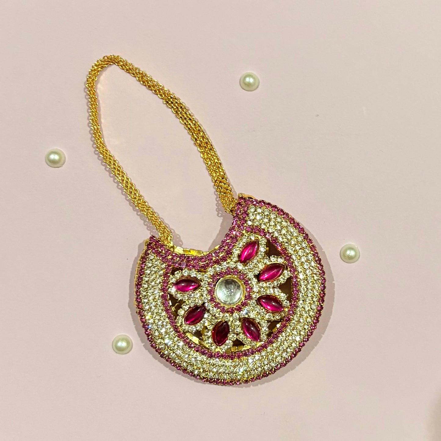 Pink AD Moon Shaped Purse (Big), a gold-tone American Diamond crescent purse for deity shringar and pooja decoration