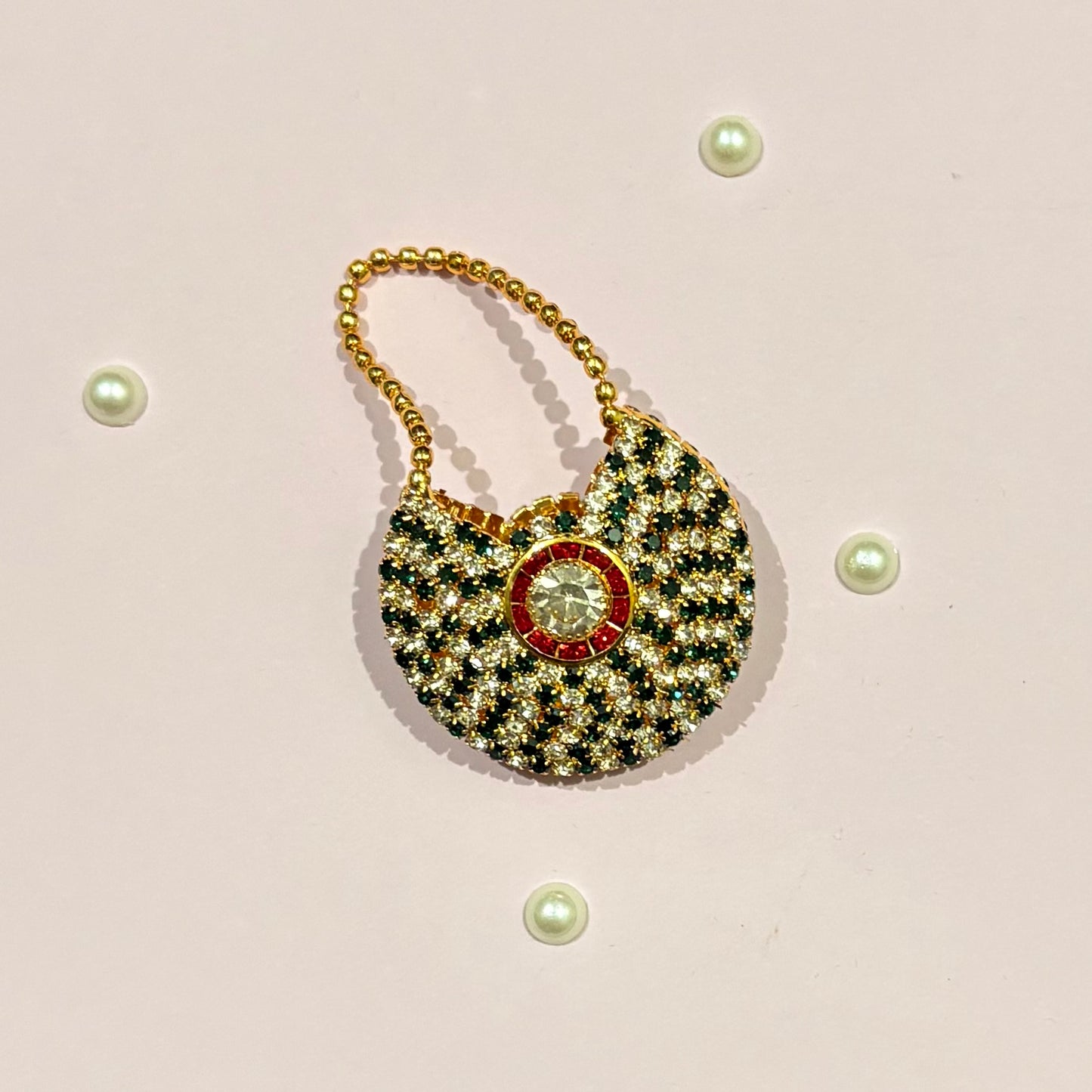 Green AD Moon Shaped Purse, a small American Diamond crescent purse for deity idol shringar and festive decoration