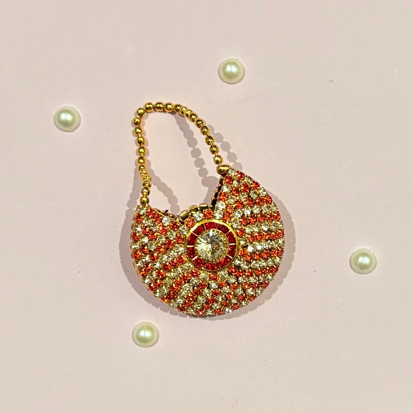 Orange AD Moon Shaped Purse, a small gold-tone American Diamond crescent purse for deity shringar and idol decoration