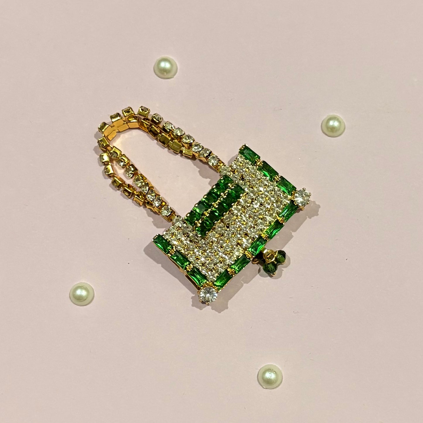 Green AD Rectangular Purse, a miniature American Diamond purse for deity idol shringar and festive decoration