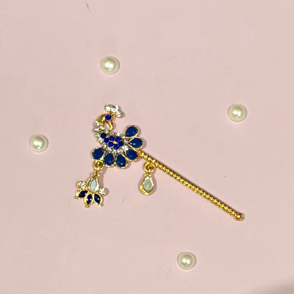 Dark blue Bansuri, a miniature gold-tone decorative flute to adorn deity idols like Laddu Gopal and Krishna for shringar and decoration
