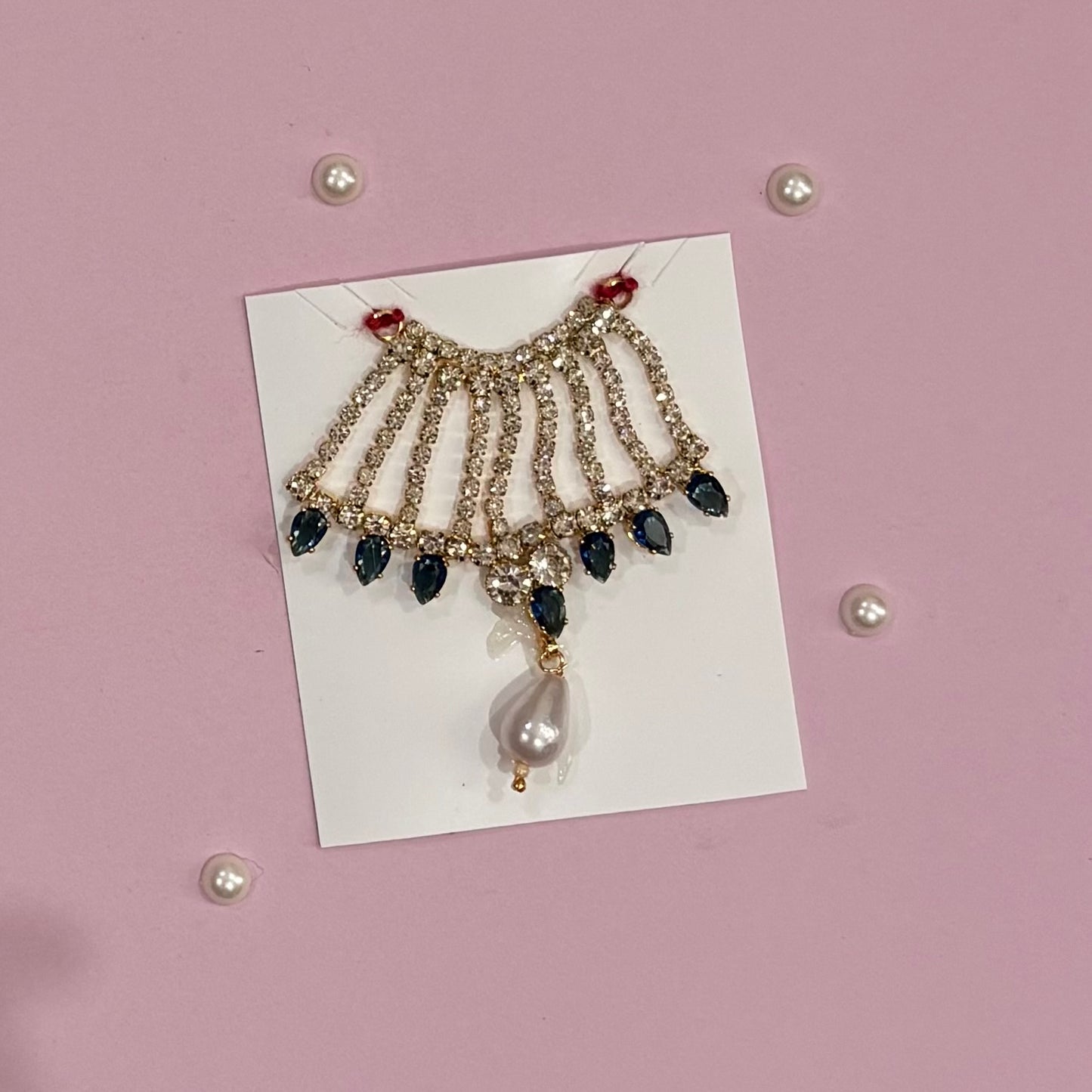 Dark blue Mala, a handcrafted gold-tone deity necklace to adorn idols like Radha Rani and Laddu Gopal for shringar and pooja decor