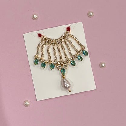 Sky blue Mala, a handcrafted gold-tone deity necklace to adorn idols like Radha Rani and Laddu Gopal for shringar and pooja decor