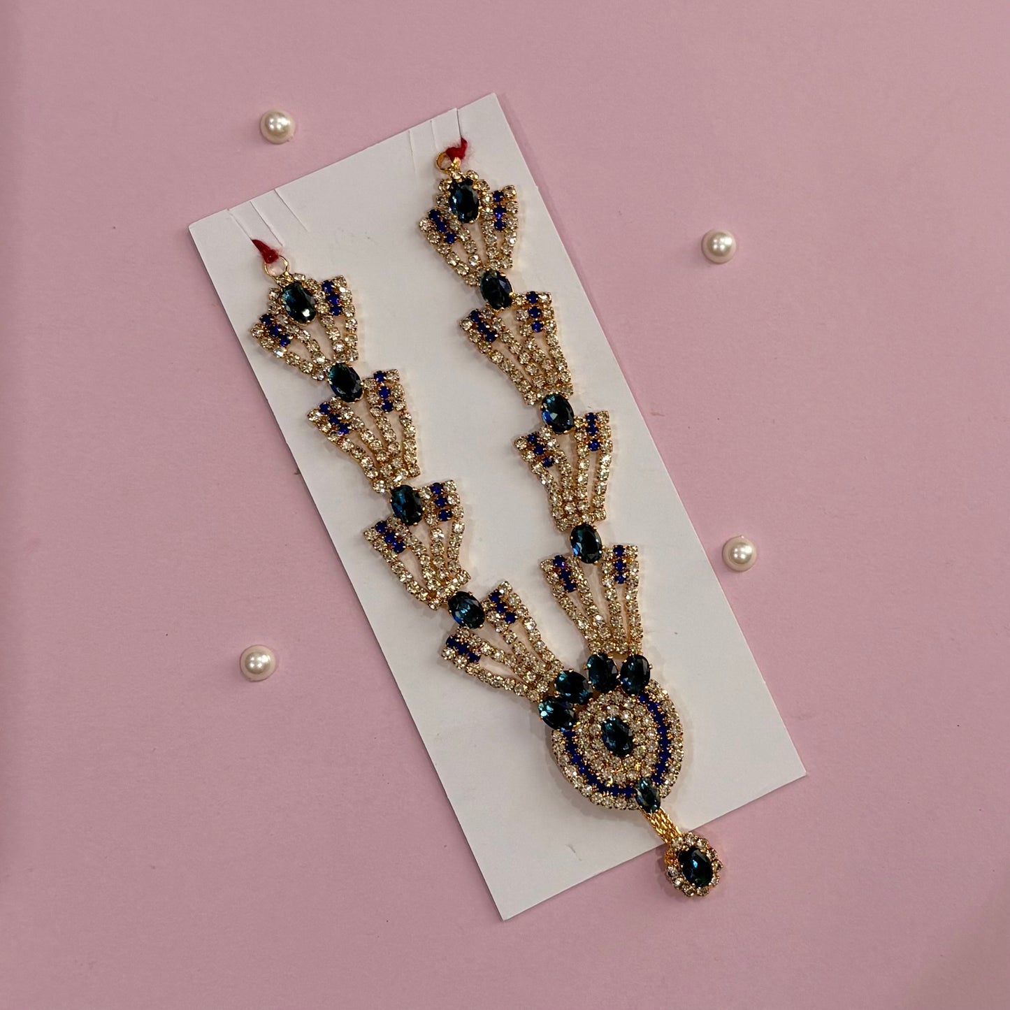 Dark blue Mala, a handcrafted gold-tone deity necklace to adorn idols like Radha Rani and Laddu Gopal for shringar and pooja decor