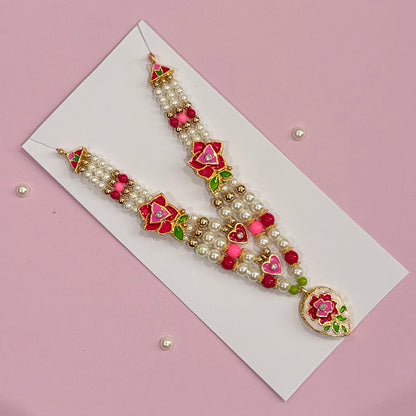 Pink Mala, a handcrafted gold-tone deity necklace to adorn idols like Radha Rani and Laddu Gopal for shringar and pooja decor