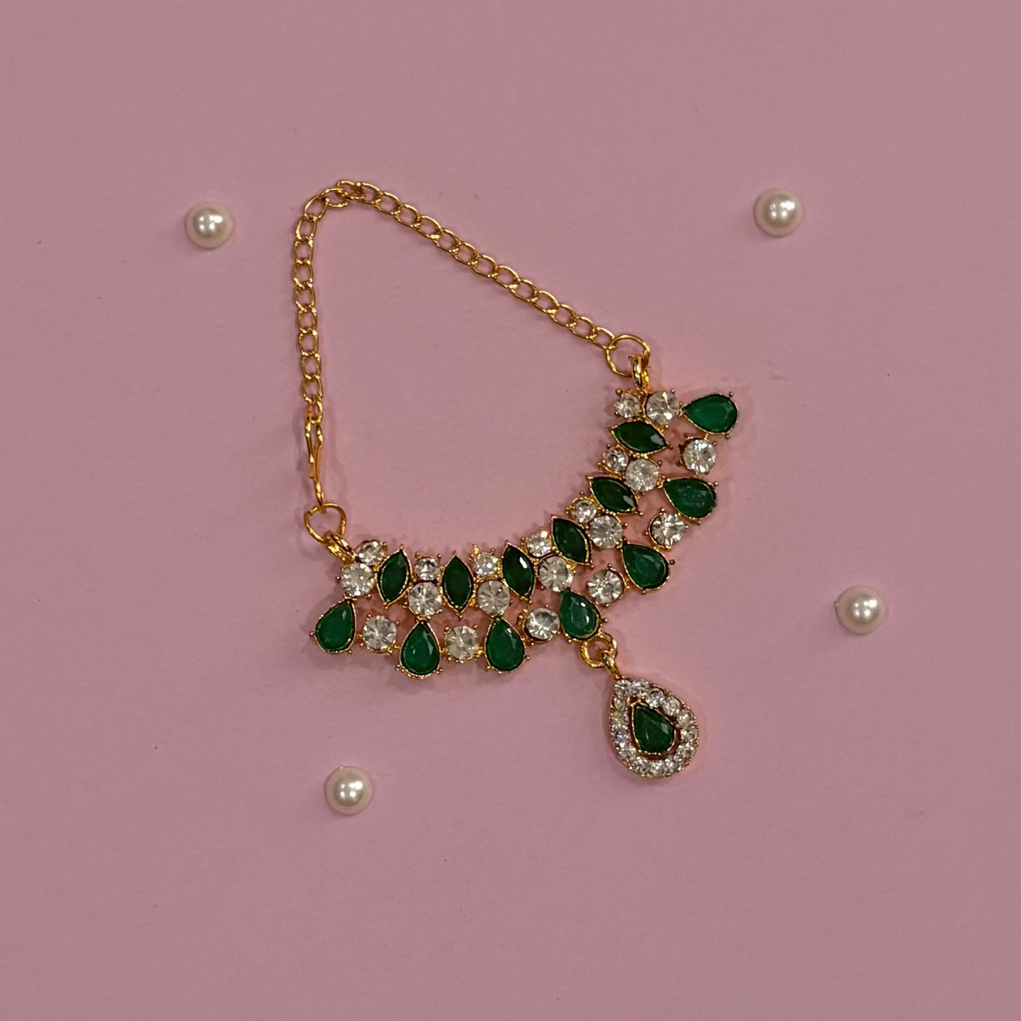 Green Mala, a handcrafted gold-tone deity necklace to adorn idols like Radha Rani and Laddu Gopal for shringar and pooja decor