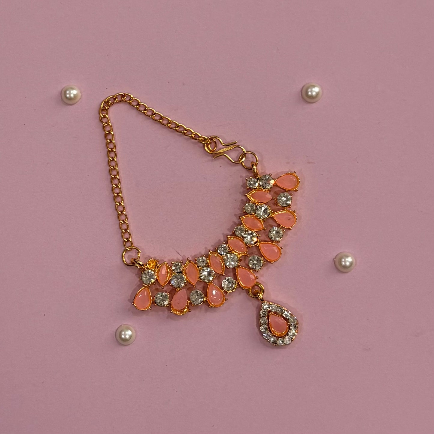 Peach Mala, a handcrafted gold-tone deity necklace to adorn idols like Radha Rani and Laddu Gopal for shringar and pooja decor