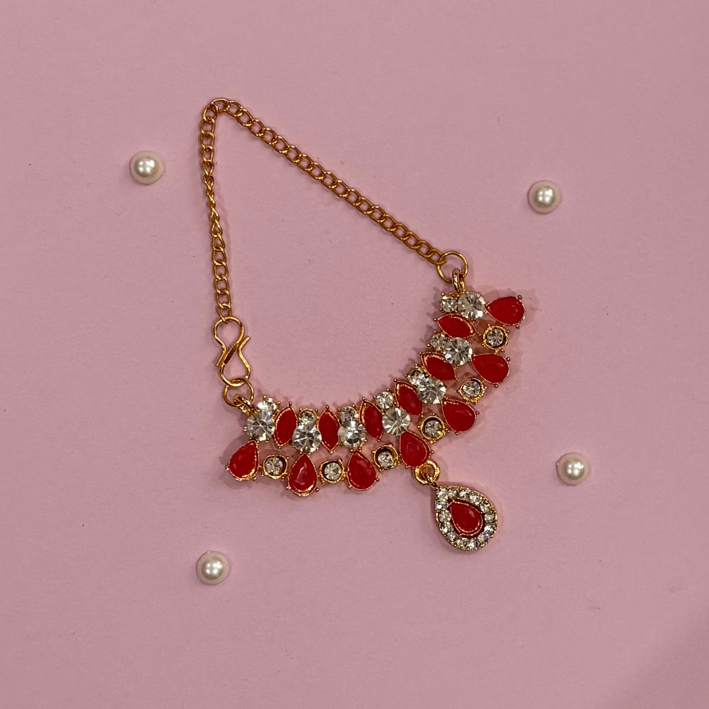 Red Mala, a handcrafted gold-tone deity necklace to adorn idols like Radha Rani and Laddu Gopal for shringar and pooja decor