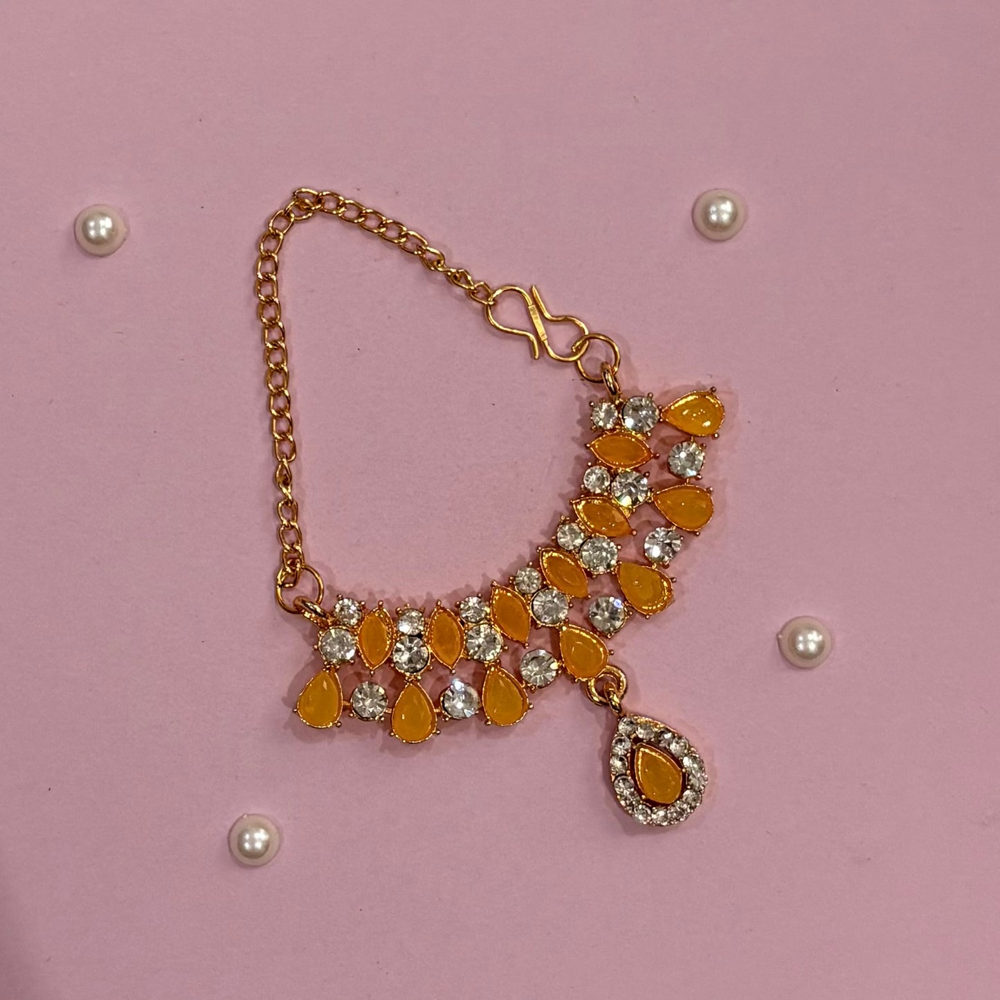 Yellow Mala, a handcrafted gold-tone deity necklace to adorn idols like Radha Rani and Laddu Gopal for shringar and pooja decor