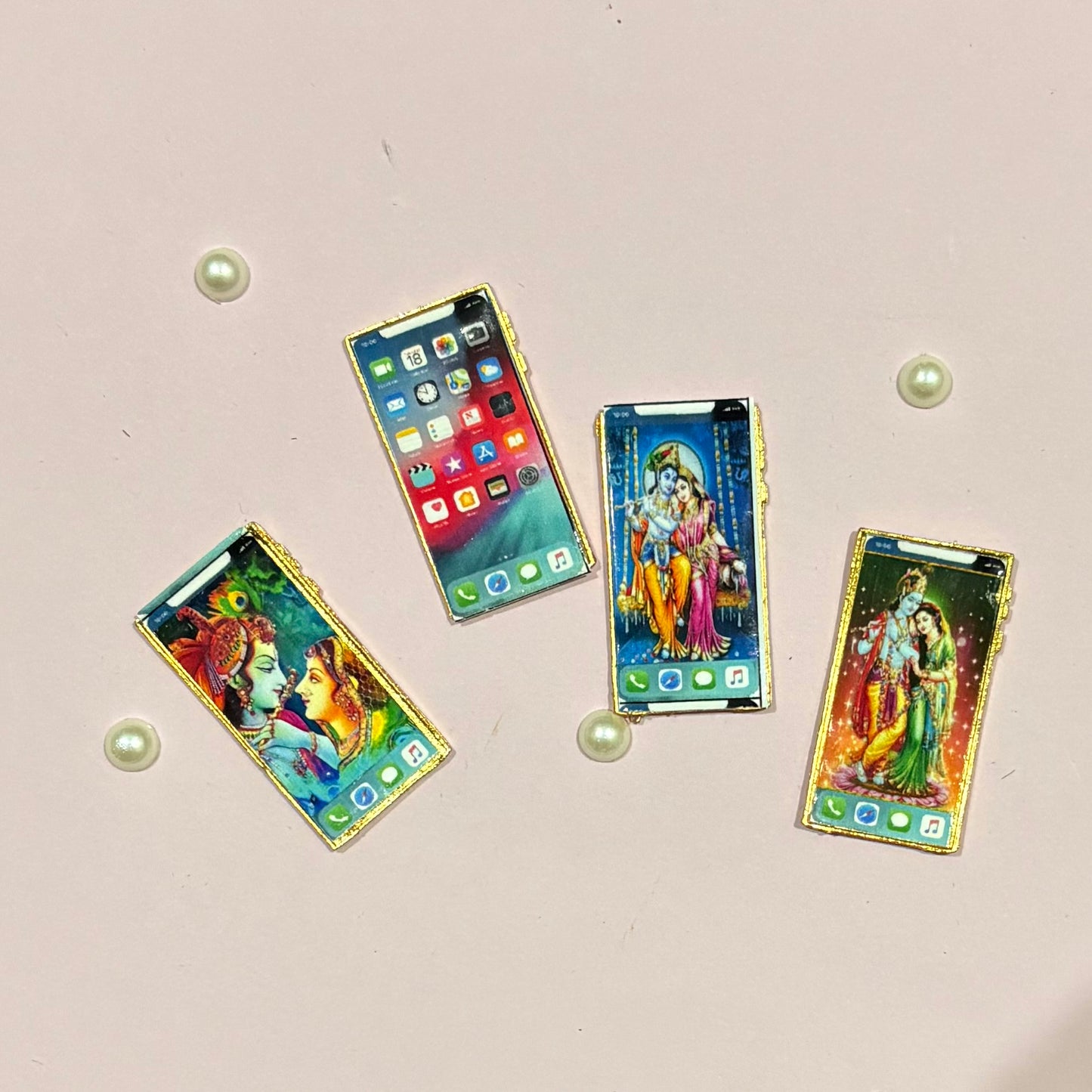 Miniature gold-tone metal Mobile Phone toy, a handcrafted decorative accessory to adorn deity setups, dollhouses and display for Radha Rani and Laddu Gopal