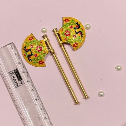 Close-up of the miniature Metal Pankhi hand fan used to adorn and fan deity idols during pooja, festivals and daily seva