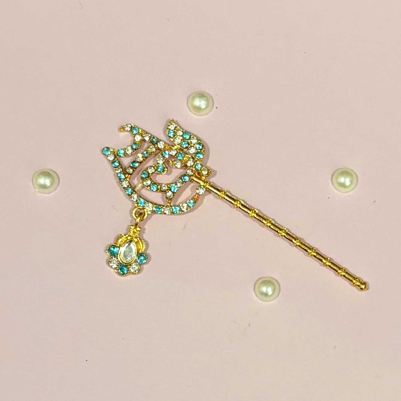 Sky blue Radha Naam Bansuri, a miniature gold-tone flute inscribed with the holy name of Radha to adorn deity idols like Laddu Gopal and Krishna